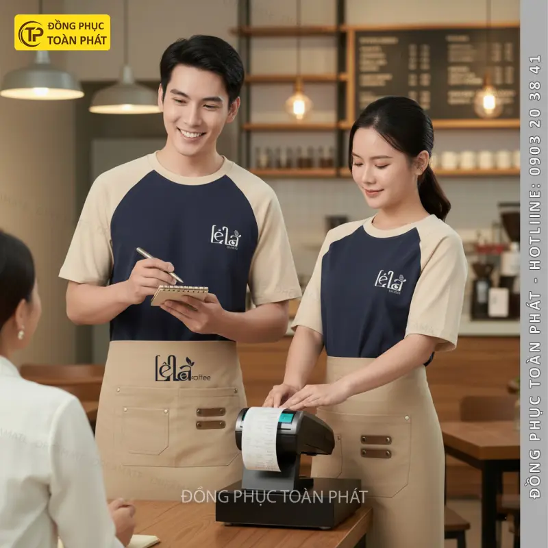 Đồng Phục Cafe Coffee Lê La  Màu Be Phối Xanh Đen 