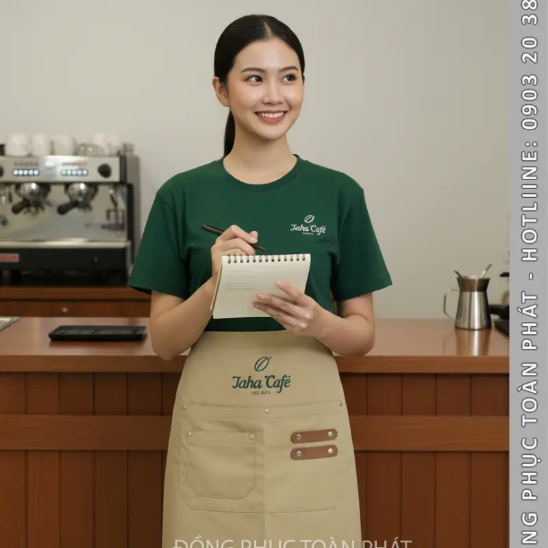 Đồng Phục Laha Cafe Xanh Ve Chai Phối Tạp Dề Màu Be
