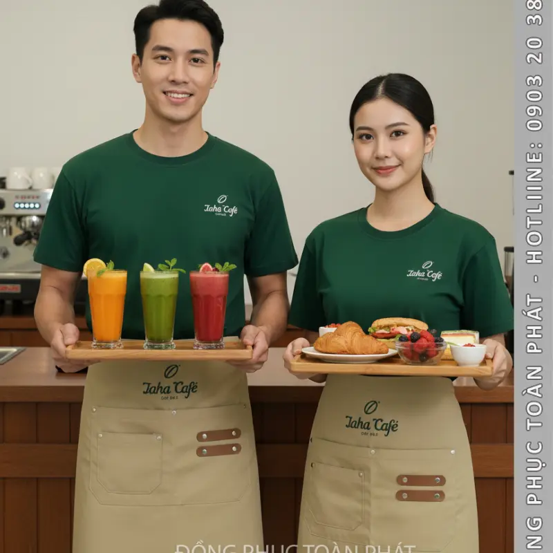 Đồng Phục Laha Cafe Xanh Ve Chai Phối Tạp Dề Màu Be