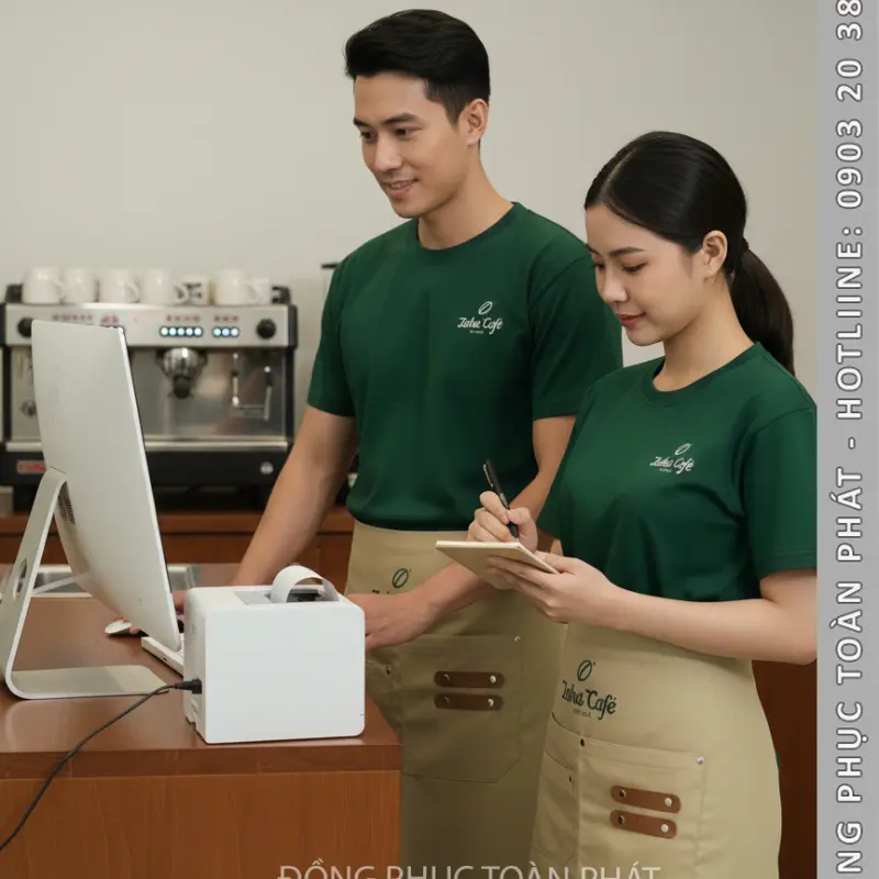 Đồng Phục Laha Cafe Xanh Ve Chai Phối Tạp Dề Màu Be