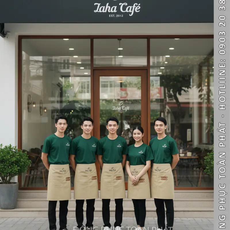Đồng Phục Laha Cafe Xanh Ve Chai Phối Tạp Dề Màu Be