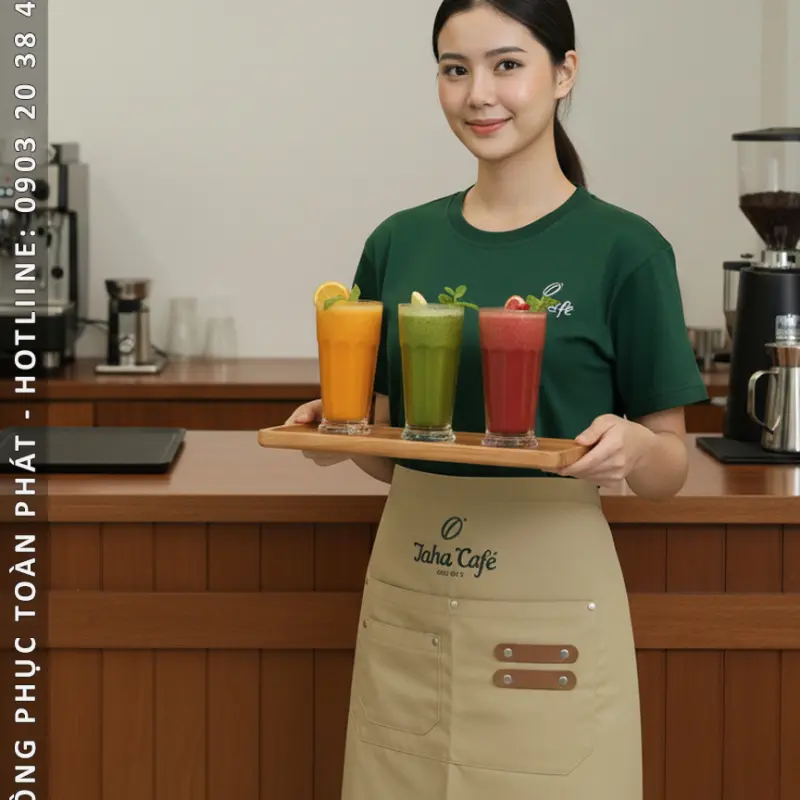 Đồng Phục Laha Cafe Xanh Ve Chai Phối Tạp Dề Màu Be