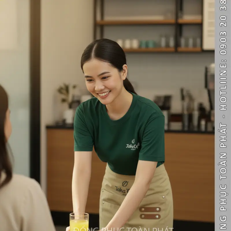 Đồng Phục Laha Cafe Xanh Ve Chai Phối Tạp Dề Màu Be