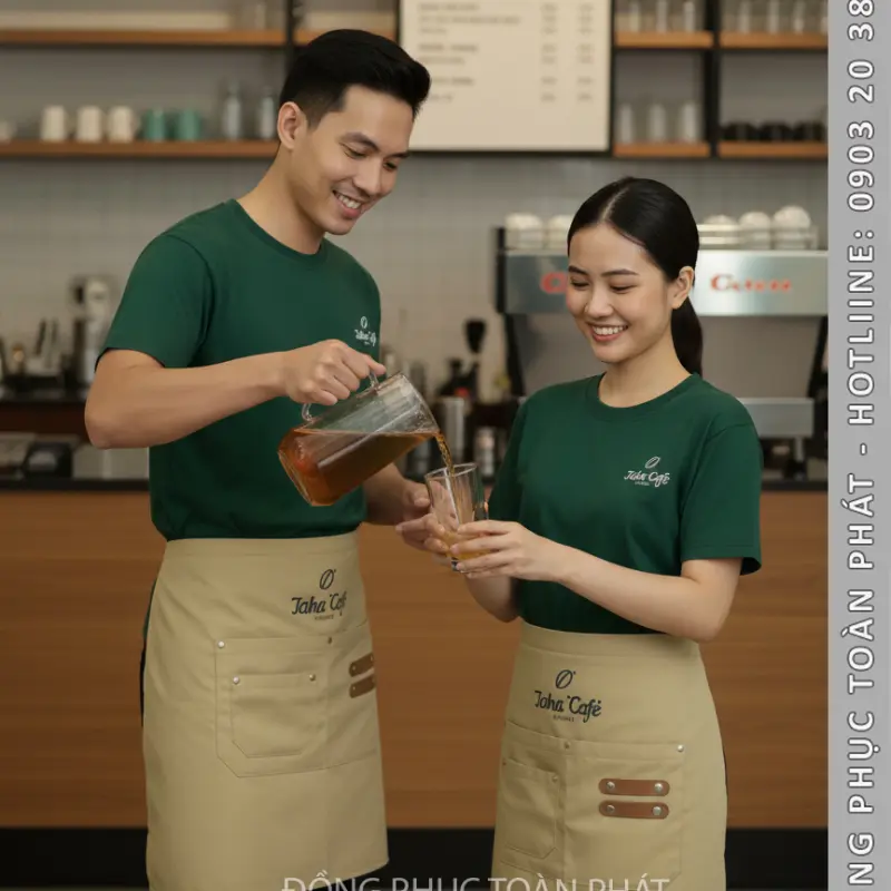 Đồng Phục Laha Cafe Xanh Ve Chai Phối Tạp Dề Màu Be