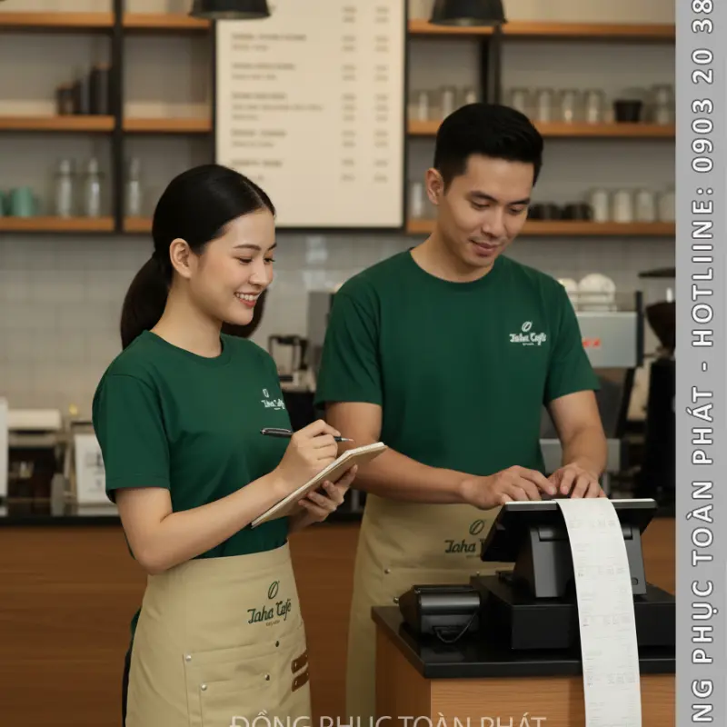 Đồng Phục Laha Cafe Xanh Ve Chai Phối Tạp Dề Màu Be