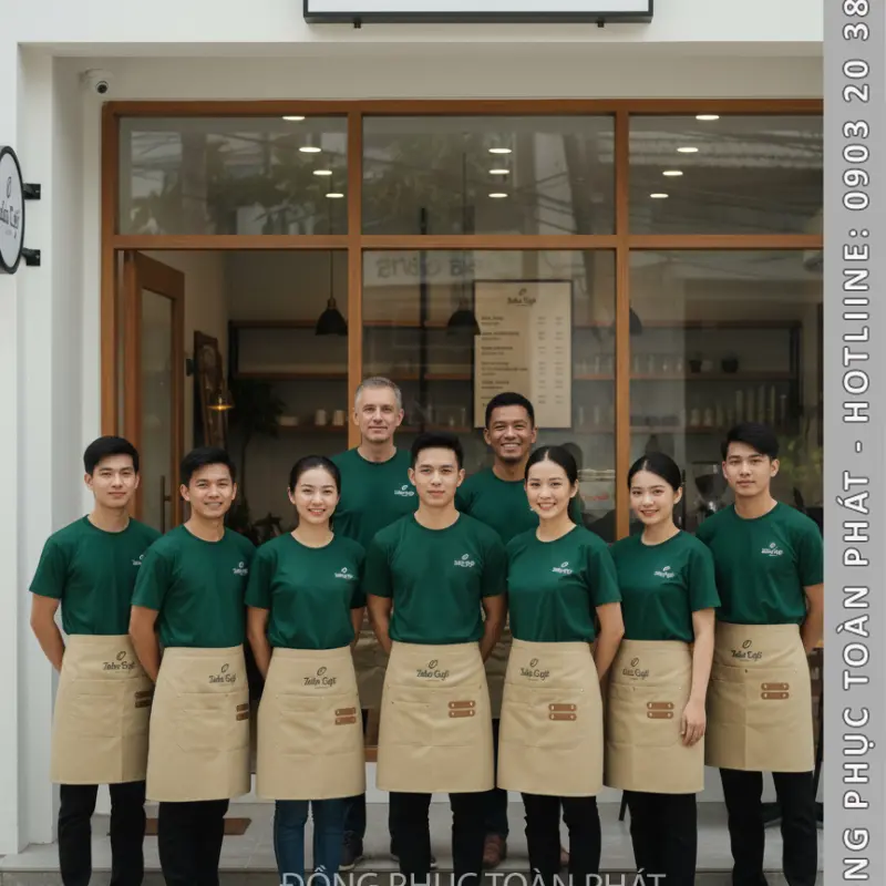 Đồng Phục Laha Cafe Xanh Ve Chai Phối Tạp Dề Màu Be