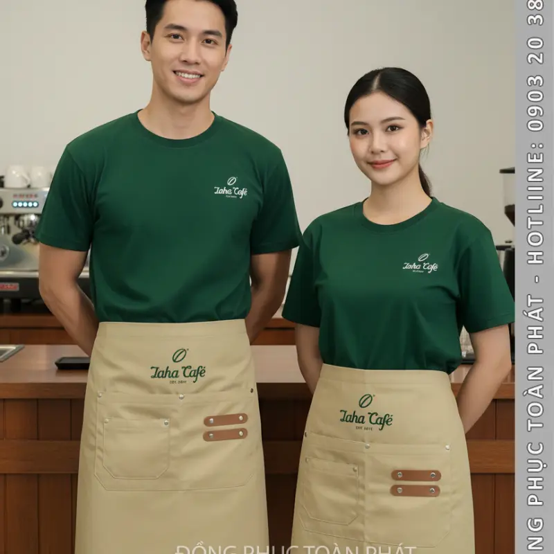 Đồng Phục Laha Cafe Xanh Ve Chai Phối Tạp Dề Màu Be