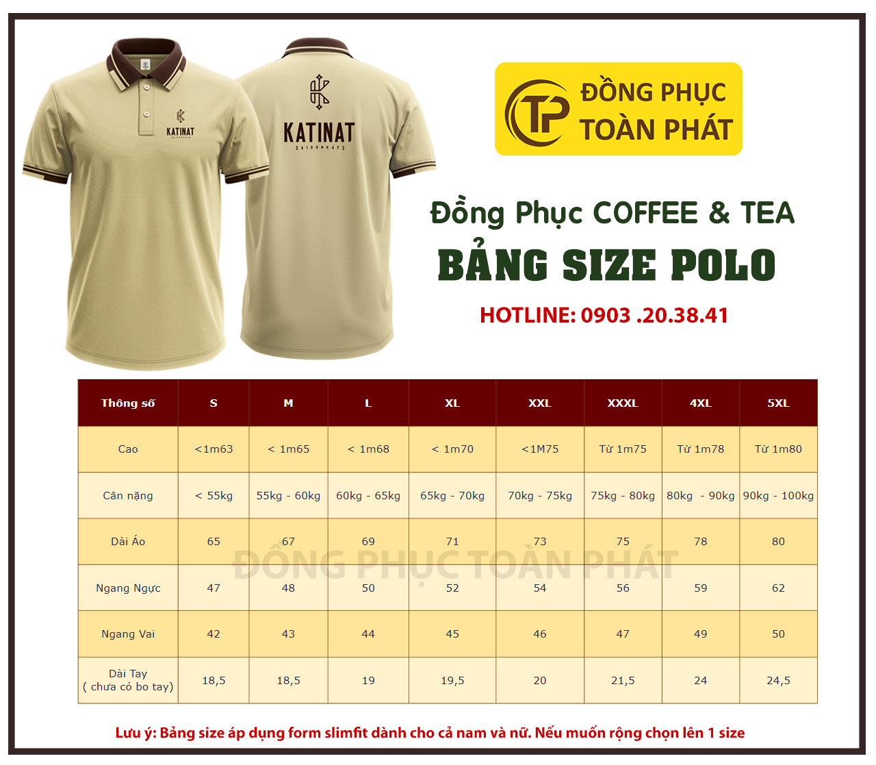 bảng size áo đồng phục cafe coffee