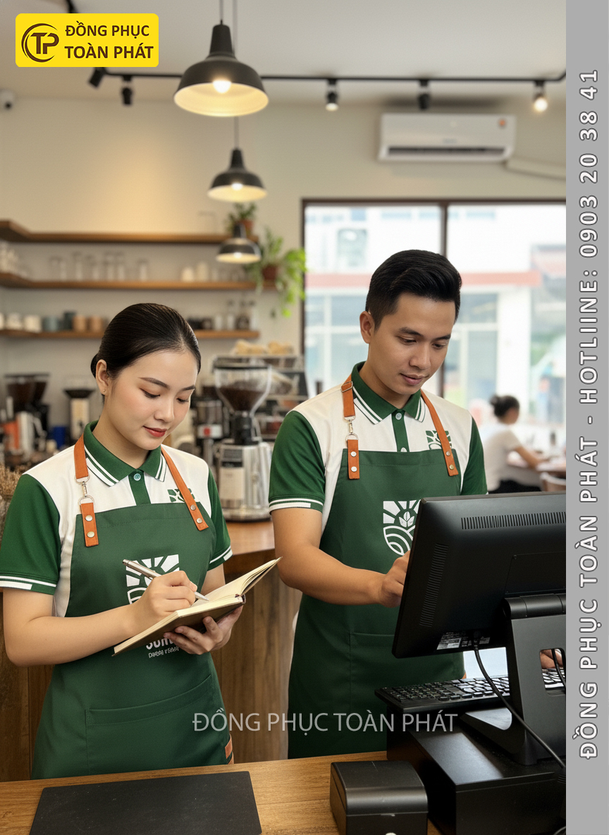 đồng phục cafe Subo màu xanh trắng 3