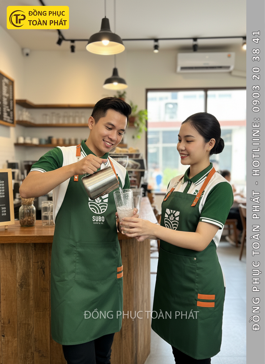 đồng phục cafe Subo màu xanh trắng 4