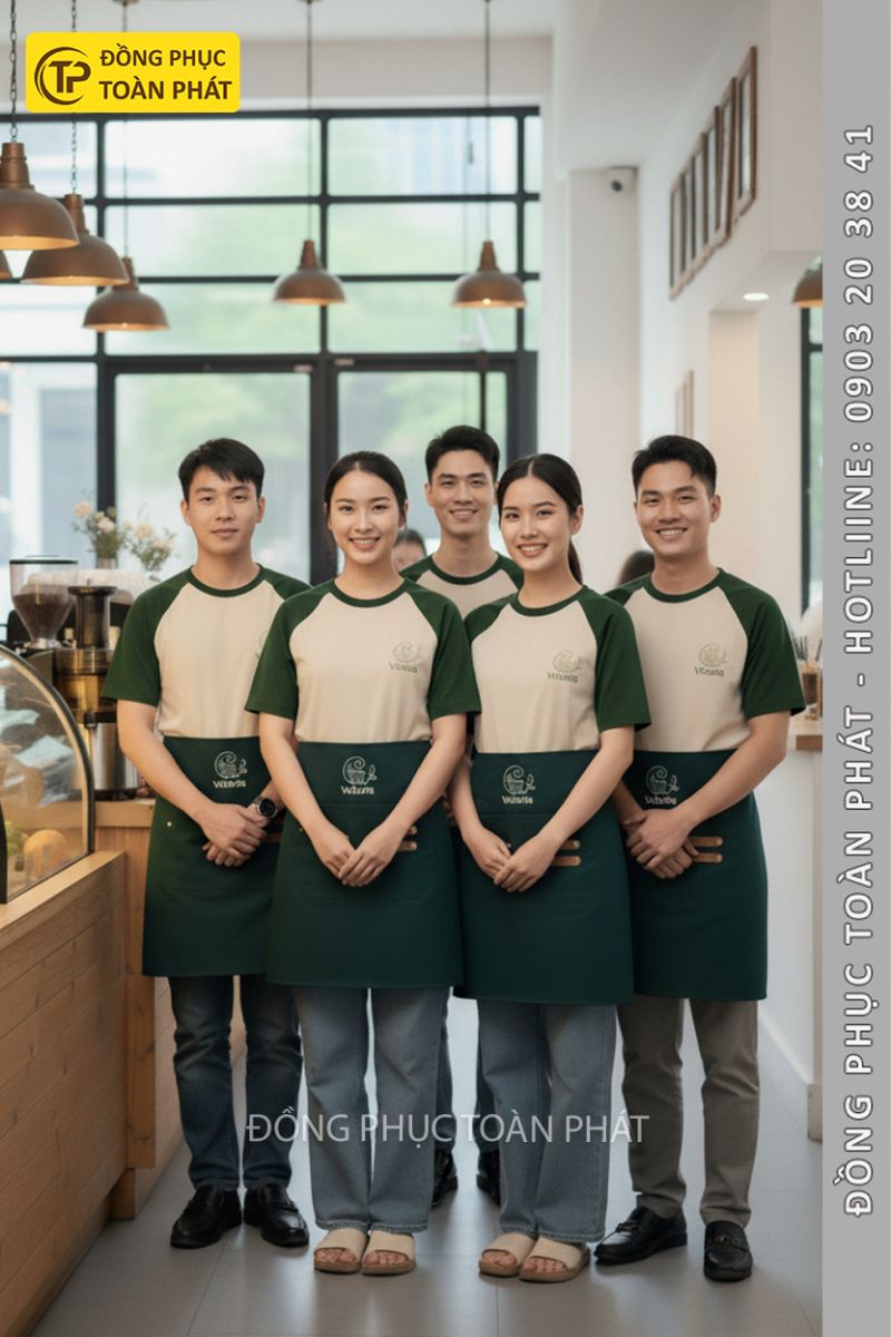 đồng phục cafe veloria coffee xanh be 2