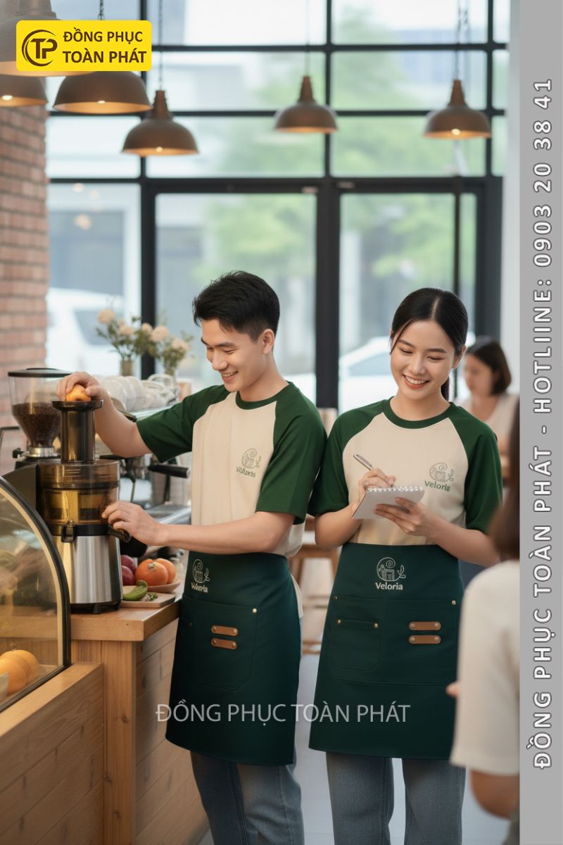 Áo đồng phục Veloria coffee tea xanh be 4