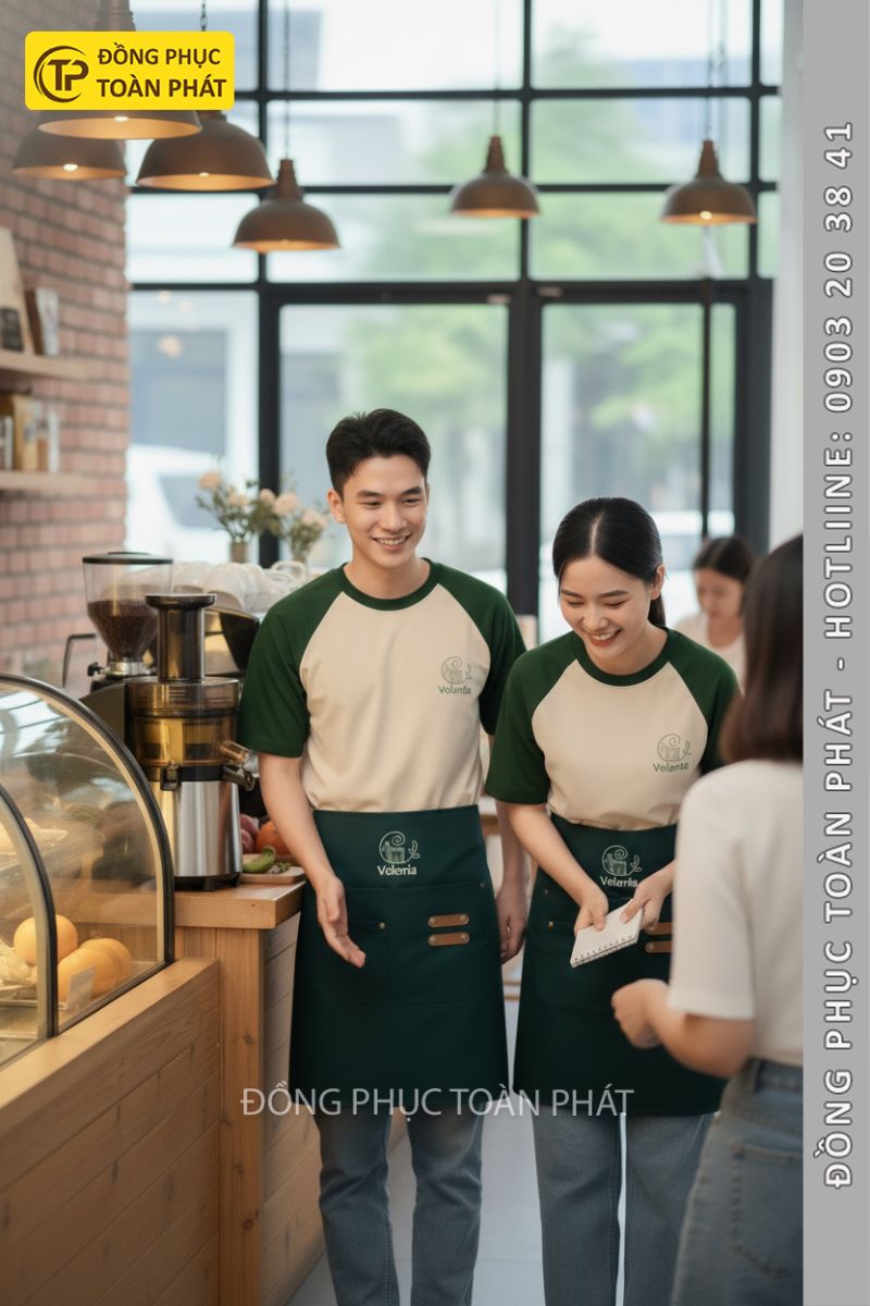 Áo đồng phục Veloria coffee tea xanh be 2