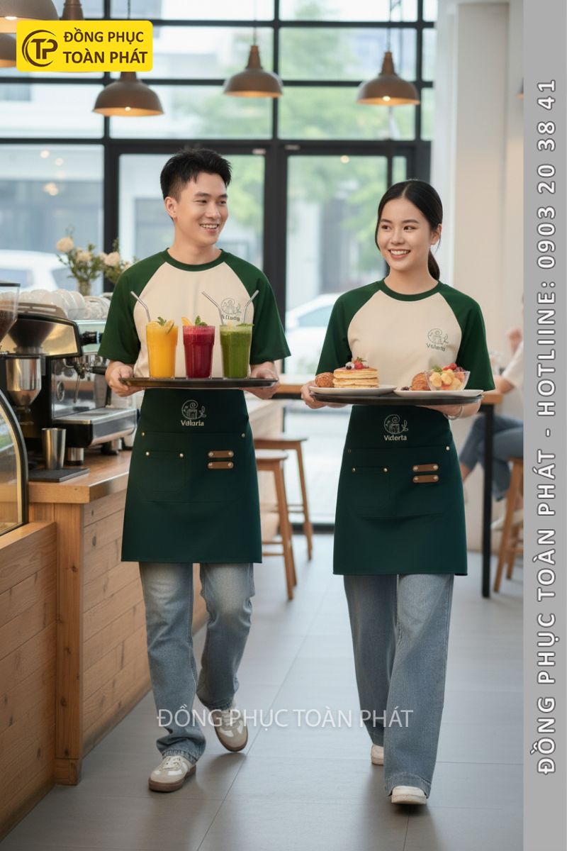 Áo đồng phục Veloria coffee tea xanh be 2