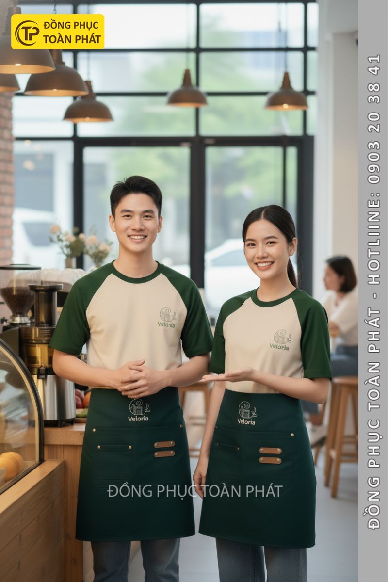 đồng phục cafe veloria be xanh