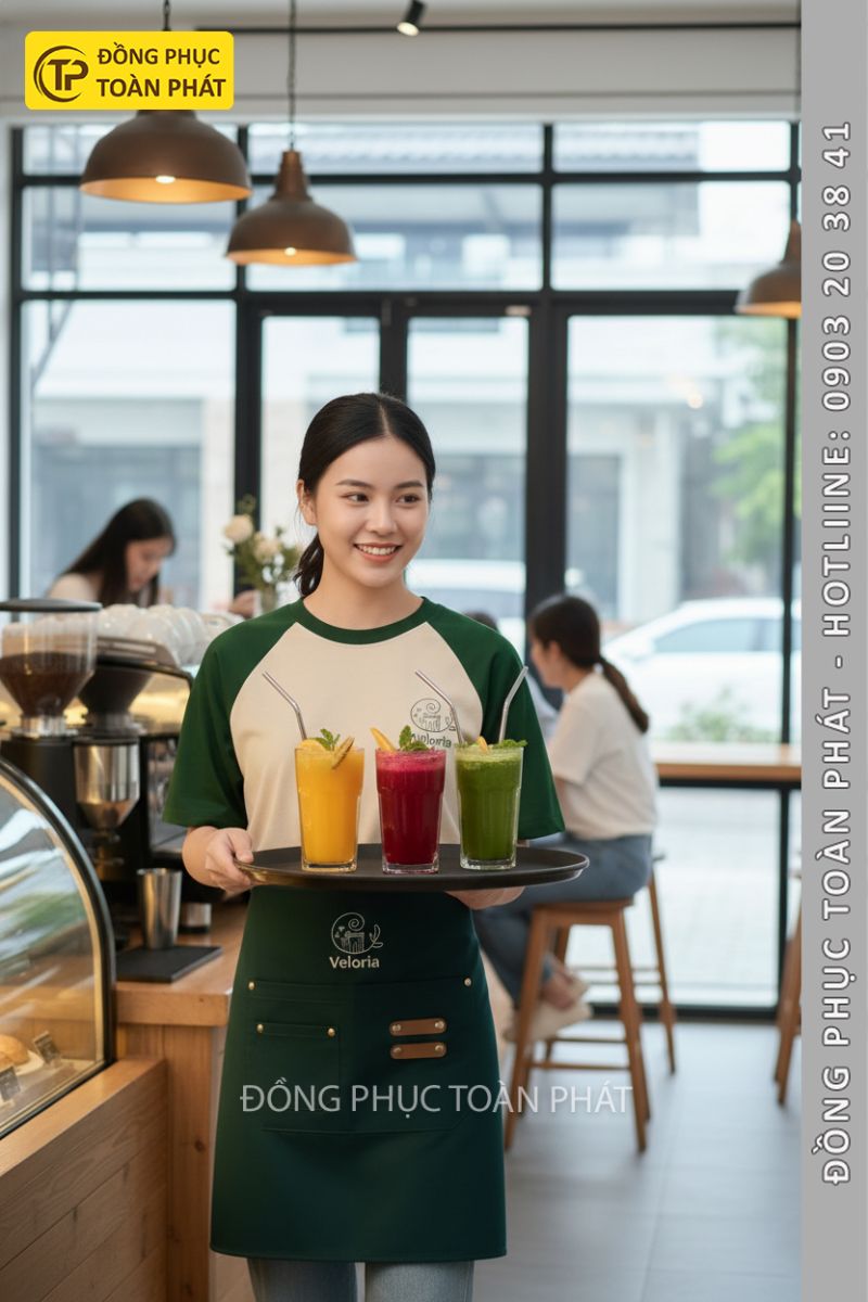 Áo đồng phục Veloria coffee tea xanh be 4