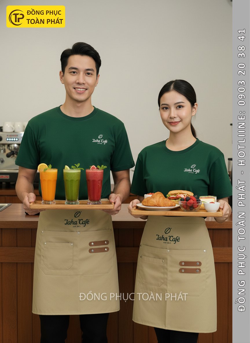 đồng phục Laha Cafe Xanh Ve Chai phối be 2