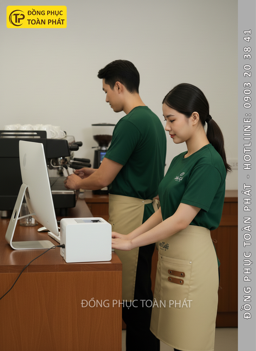 đồng phục Laha Cafe Xanh Ve Chai be 2