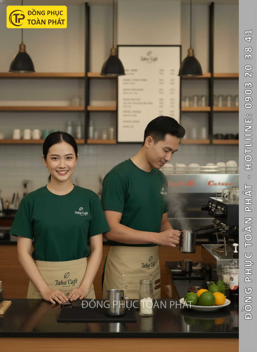 đồng phục Laha Cafe Xanh Ve Chai be 3