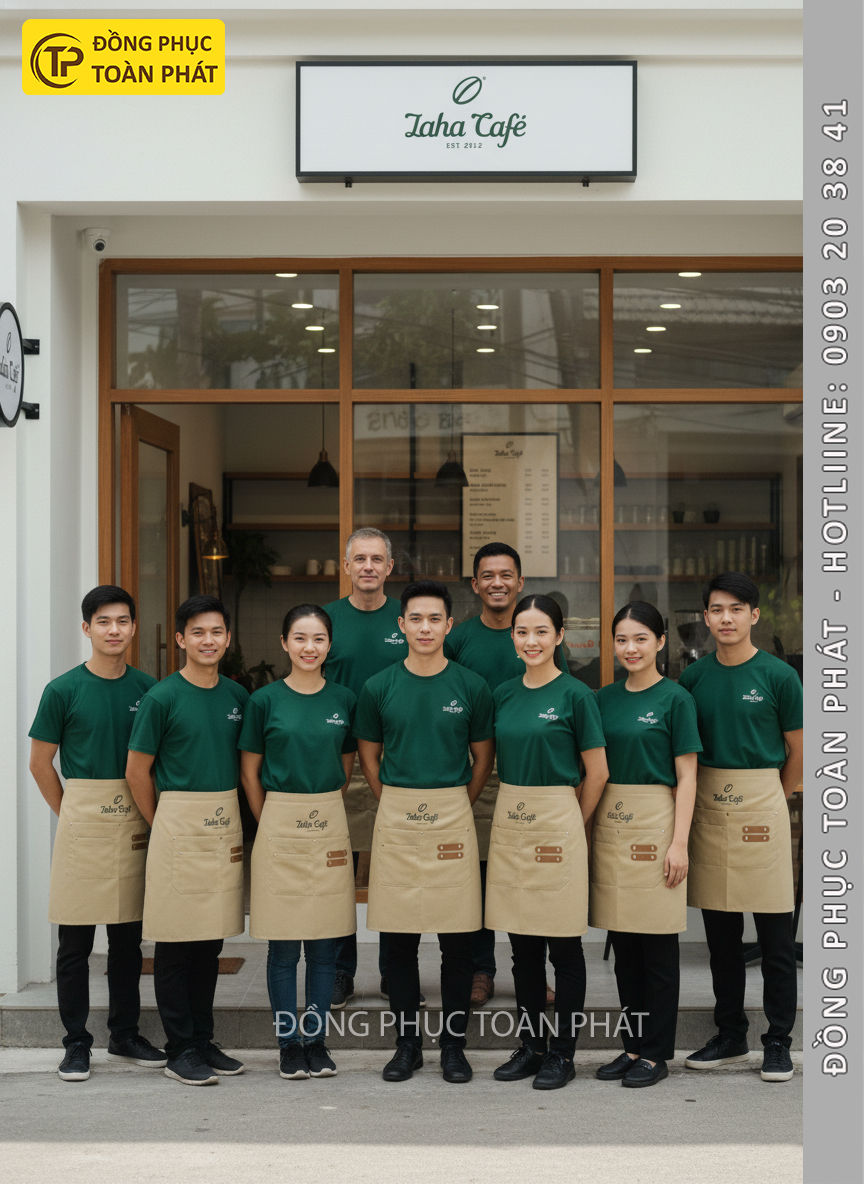 đồng phục Laha Cafe Xanh Ve Chai be 6