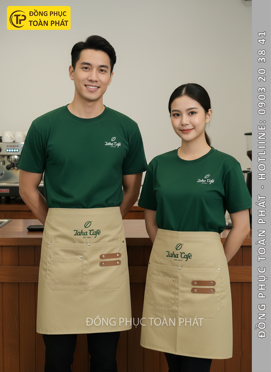 đồng phục Laha Cafe Xanh Ve Chai phối be