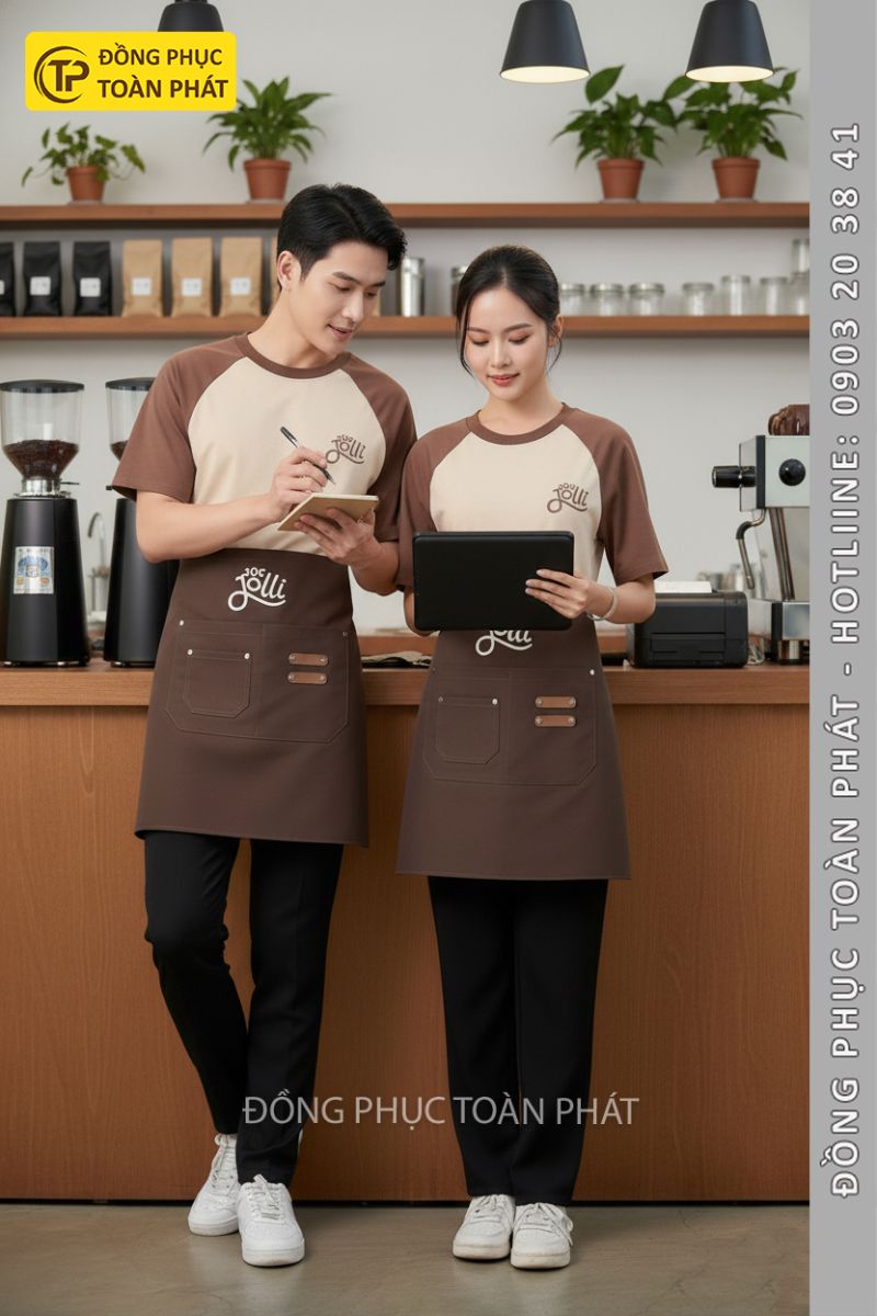 đồng phục quán cafe 10s Jolli nâu be 2