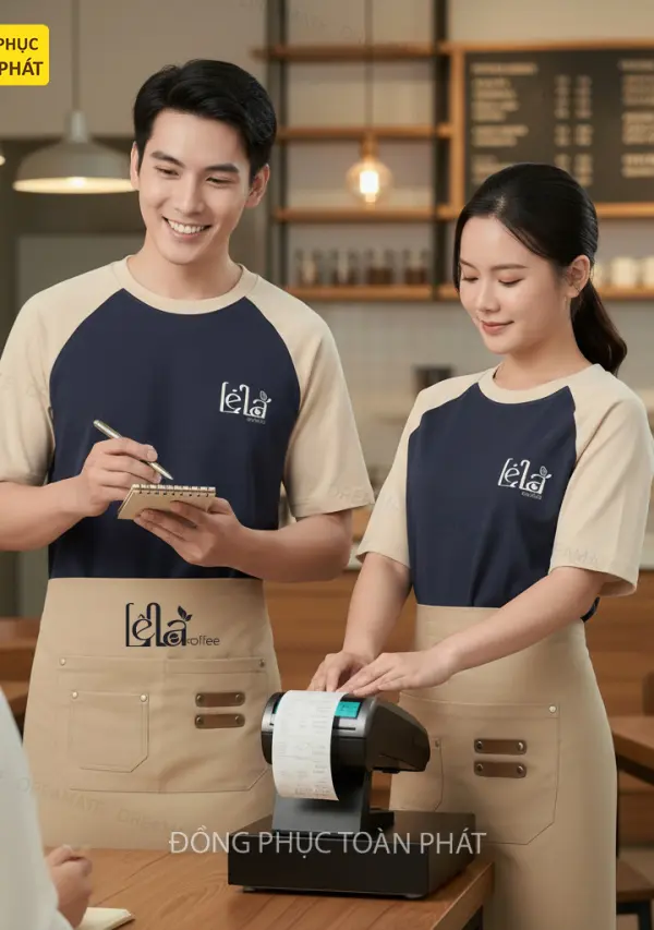 Đồng Phục Cafe Coffee Lê La  Màu Be Phối Xanh Đen 